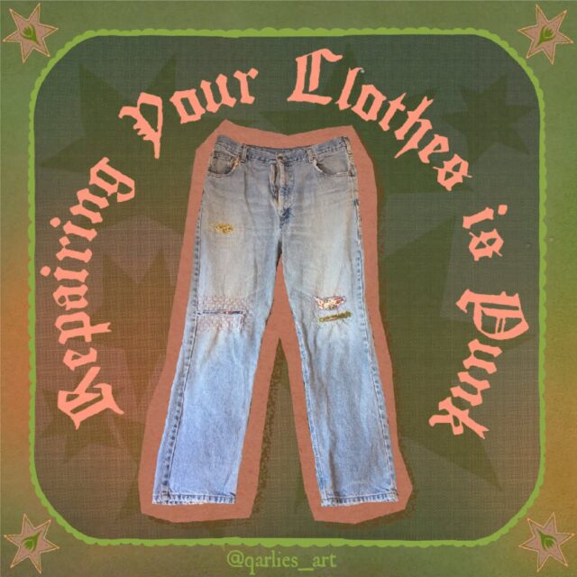 Repairing Your Clothing Is Punk! I have these old Carhartt jeans that I got from the thrift ages ago. The first change came from needing to alter their fit a bit. From then on I've continuously patched holes that appear with Sashiko style repairs and my favorite fabrics. I also used embroidery floss today to cover up the wear in one of my favorite flannels.
Fun Fact: The color scheme of the cover art, (and the entire background base actually), came from a picture I took of the Aurora Borealis last night. It was lovely. :)
#punk #repairingclothes #recycledfashion #upcycledclothing #digitalartwork #dıy #sewingproject #illustration #montanaartist #embrodiery